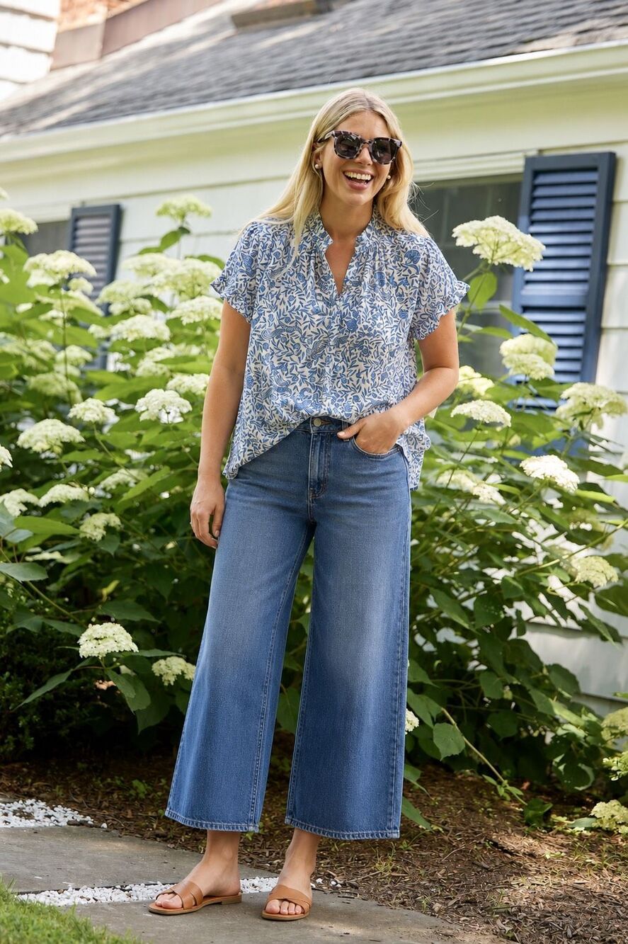 NWT Banjanan Blue Bird Botanical Print Ruffle Flutter Sleeve Cotton Blouse, Smal
